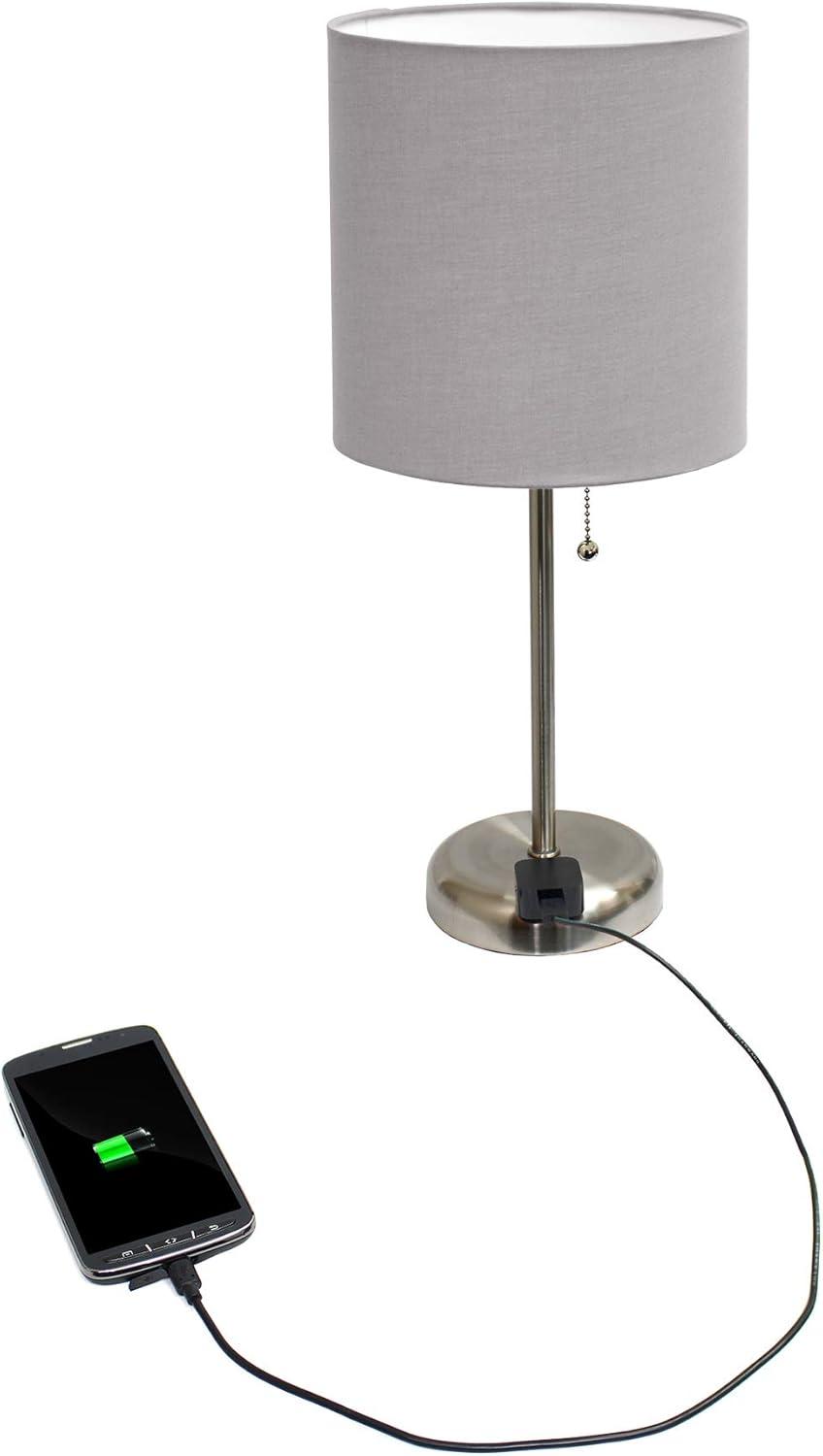 Simple Designs Stick Lamp with Charging Outlet and Fabric Shade, Gray