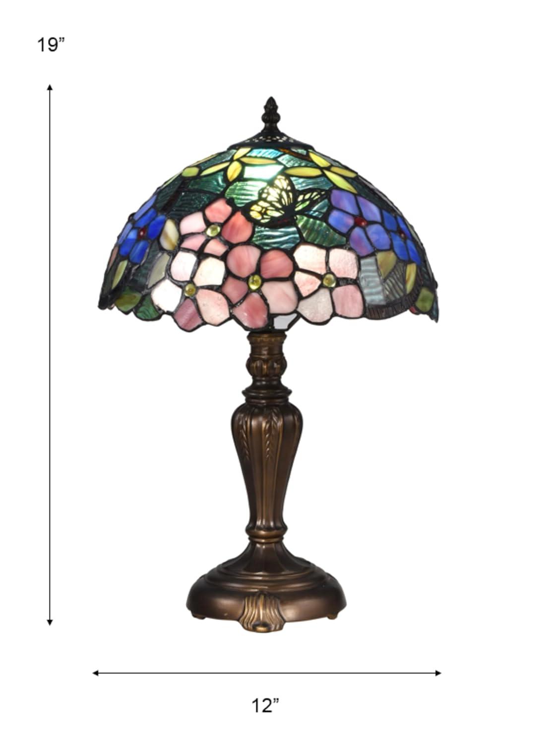 BY Family Handmade Fox Peony Tiffany Table Lamp With Antique Bronze Base And Floral Dome Shade