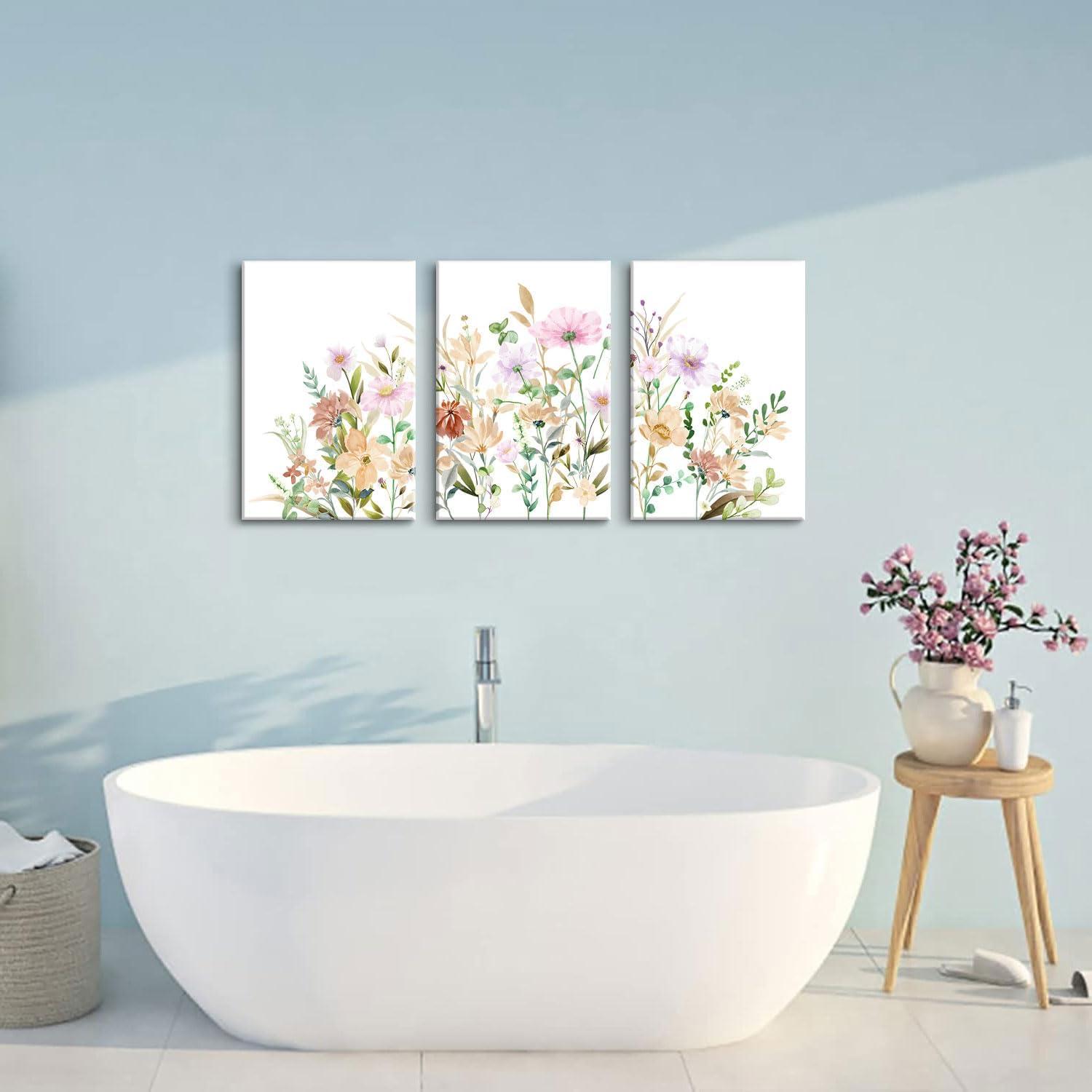 Framed Wildflower Wall Art Canvas Prints Plant Watercolor Floral Poster Set of 3 Colorful Botanical Rustic Painting Farmhouse Picture Wall Decor for Bedroom Living Room Bathroom12x16in