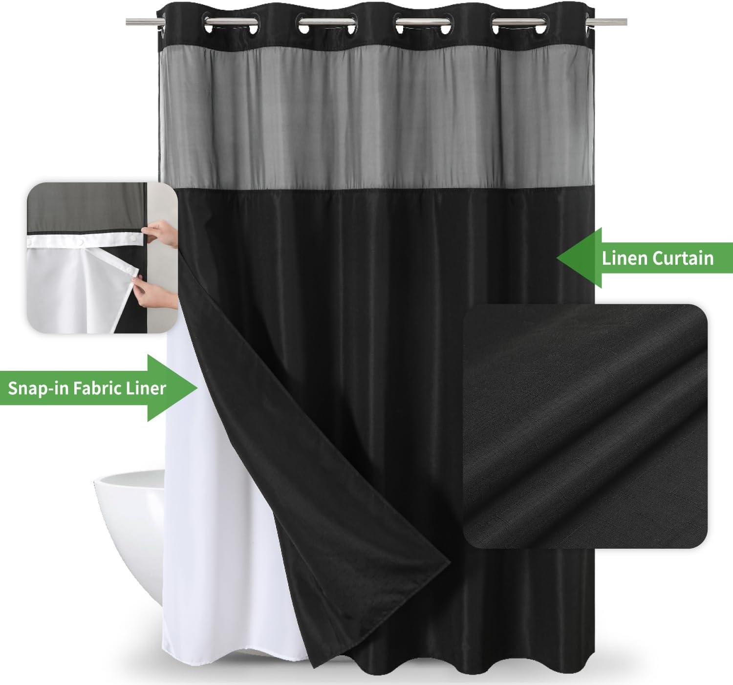 No Hooks Needed Linen Textured Shower Curtain with Snap-in Fabric Liner Set,with Mesh Top Window