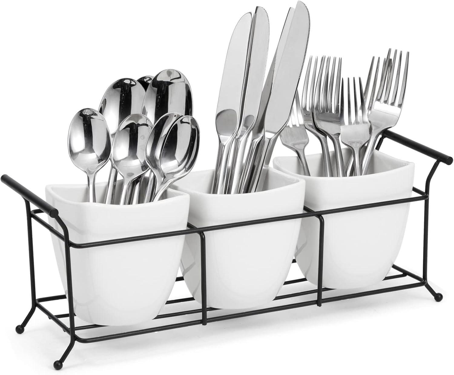 3 Piece White Ceramic Utensil Holder with Metal Stand, Flatware Caddy for Cutlery, Silverware, Kitchen Organizing (White, 13 x 4 x 5 In)