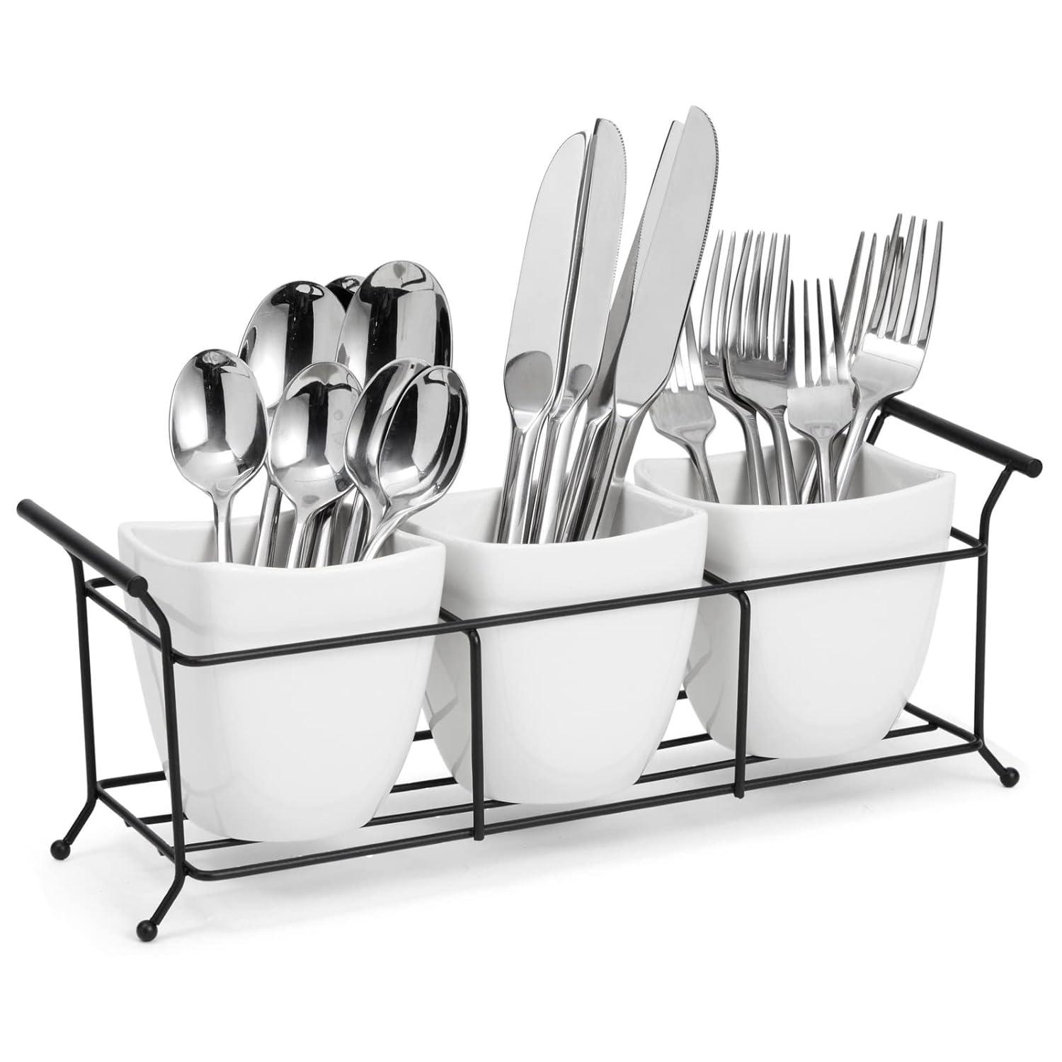 3 Piece White Ceramic Utensil Holder with Metal Stand, Flatware Caddy for Cutlery, Silverware, Kitchen Organizing (White, 13 x 4 x 5 In)