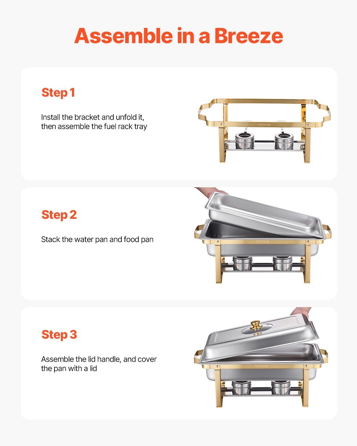 VEVOR Chafing Dish Buffet Set, 8 Qt 4 Pack, Stainless Steel Chafer with 4 Full Size Pans, Rectangle Catering Warmer Server with Glass Lid Water Pan Folding Stand Fuel Holder, for Wedding Party Banquet