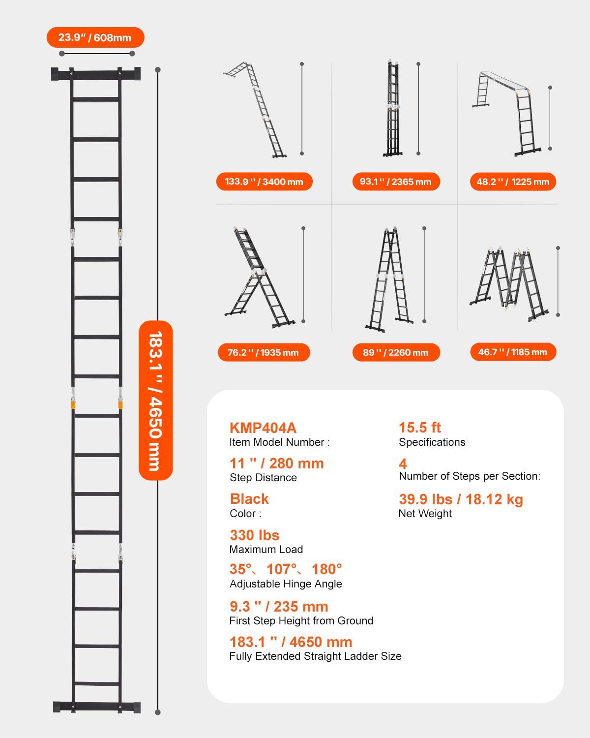VEVOR Escalera Plegable Multiusos, Escalera de Extensión 7 en 1 de Altura, un Marco de 4 Escalones con Escalera Telescópica con Tablón de Andamio, Altura de Alcance de 15,5 Pies para Trabajo Pesado, Capacidad de 330 Libras para el Hogar Al Aire Libre