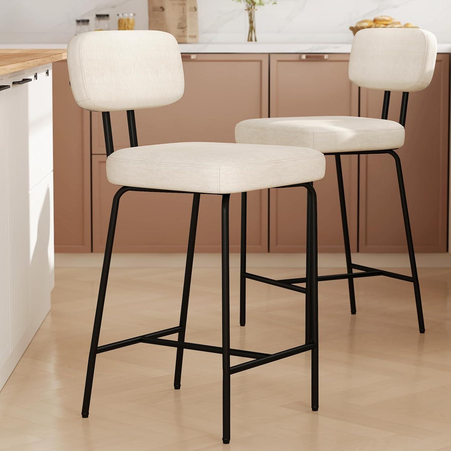 White Linen and Metal Adjustable Counter Height Bar Stools, Set of 2