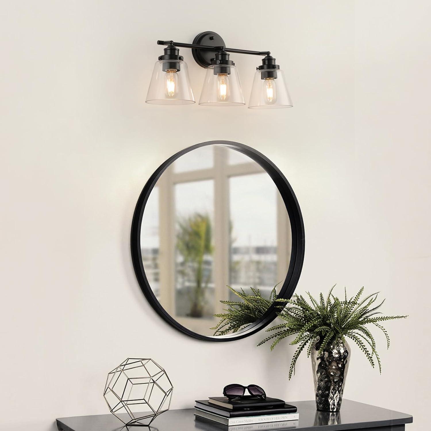 3-Light Bathroom Light Fixtures Bathroom Vanity Lights with Clear Glass Shades Matte Black Bathroom Light Fixtures over mirror for Mirror Living Room Cabinet Bedroom Porch