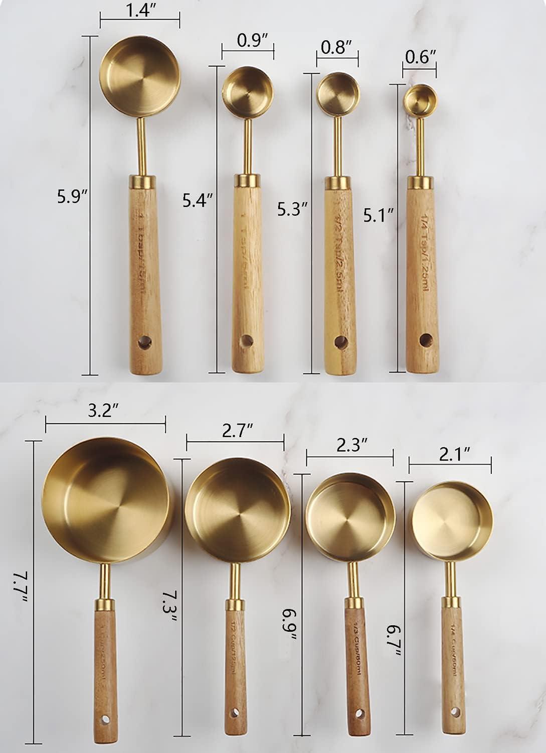 ODOMY 8Pcs Measure Cup and Spoon Set Gold Measuring Cup Spoon Set with Wooden Handle Stainless Steel Stackable Kitchen and Baking Measurement Kitchen Accessories for Home Kitchen Party