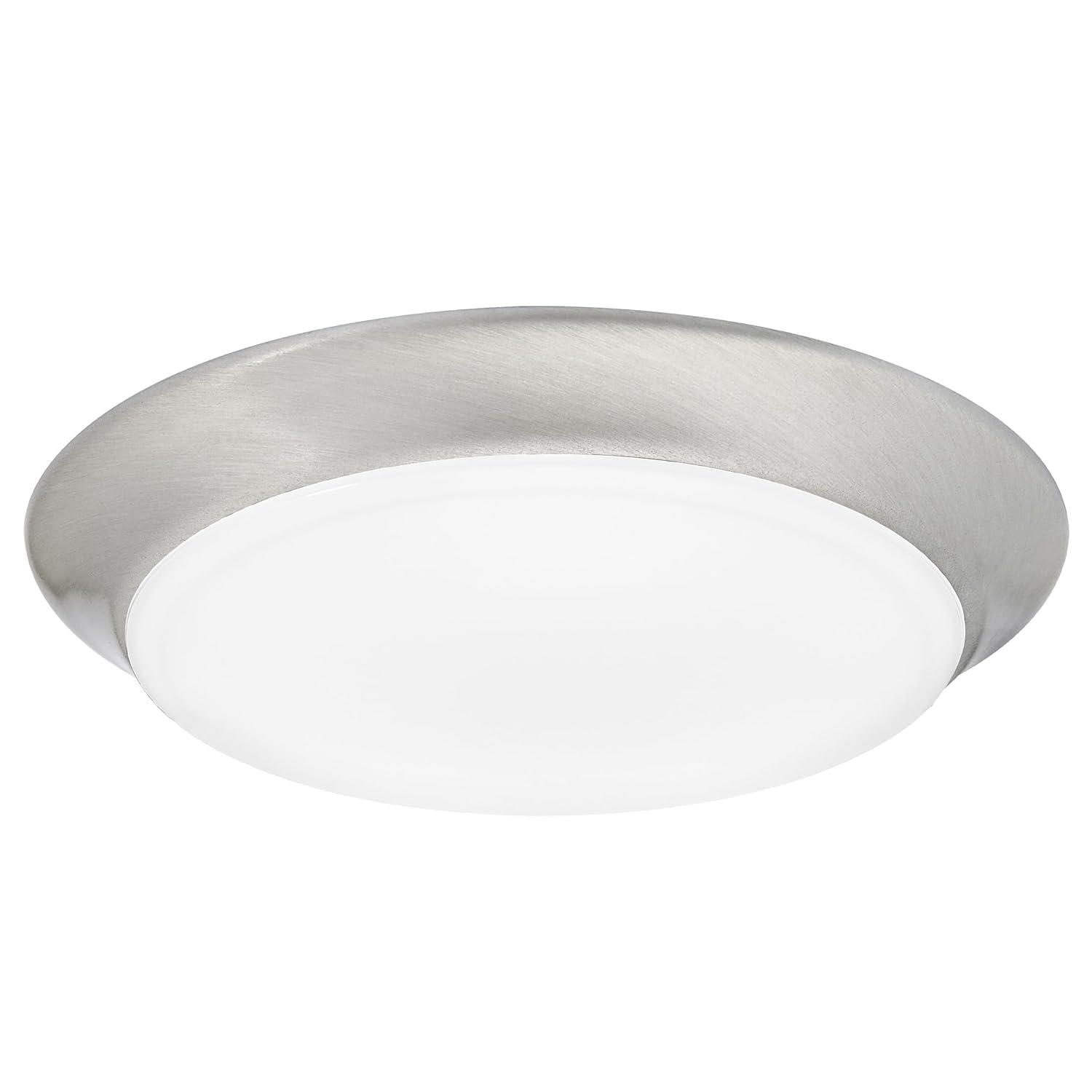 Maxxima 7 in. Satin Nickel Slim Round LED Flush Mount Ceiling Light Fixture, LED Disk Light 900 Lumens, Warm White 3000K Dimmable Dome Closet Light, Suitable for Pantry, Mudroom, Foyer and Hallway
