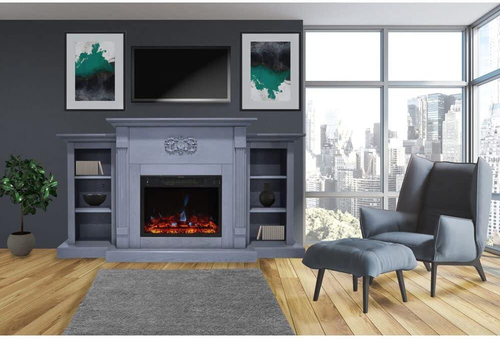 Sanoma 72'' Slate Blue Electric Fireplace with Charred Log Insert and Bookshelves