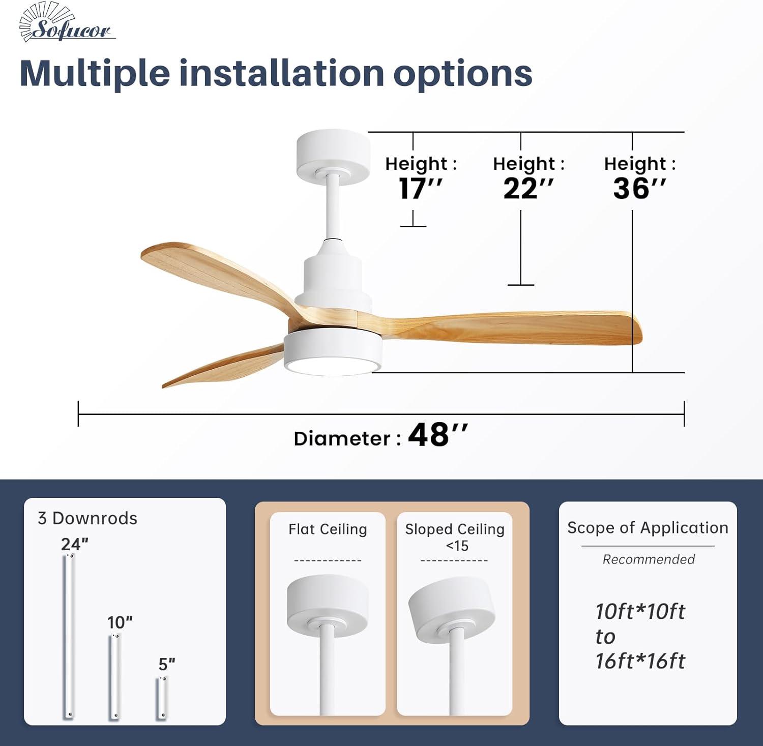 Sofucor 48" Wood Ceiling Fan with Light and Remote Control