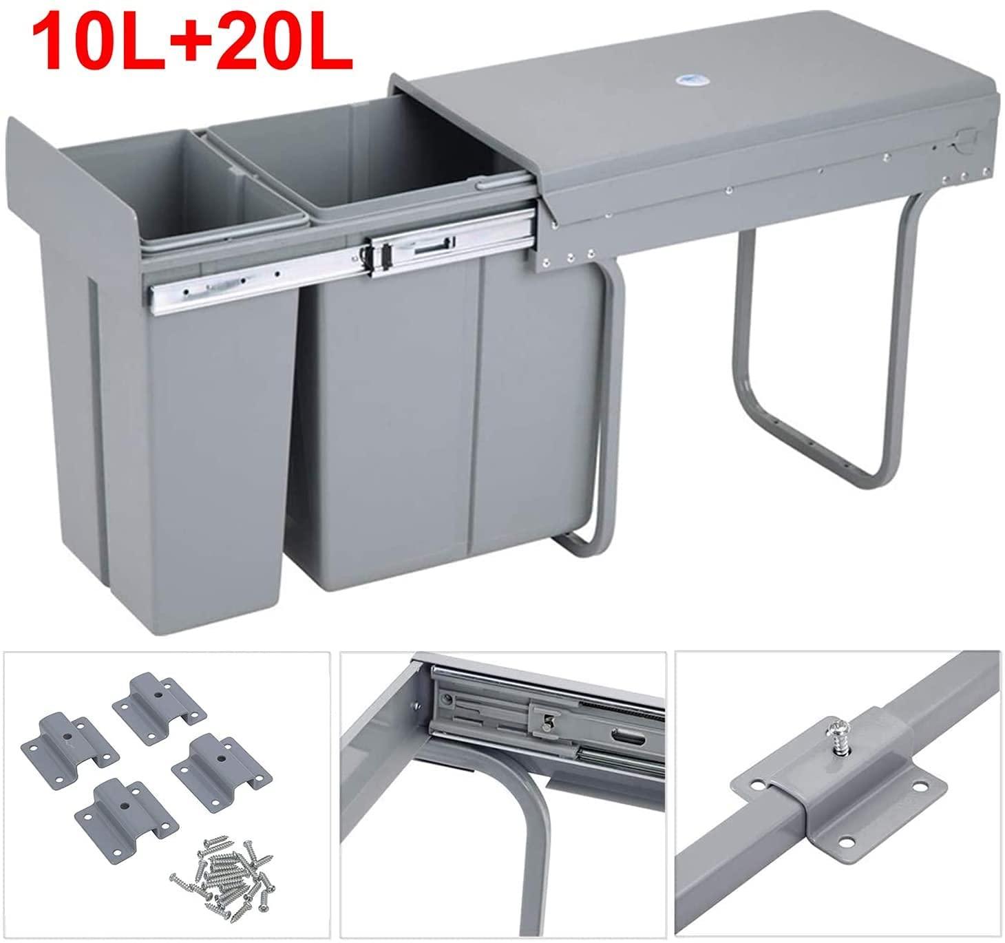 Pull Out Trash Can Under Cabinet Under Sink Double Sliding Trash Can Kitchen 20 + 10 Quart Recycling Bin Waste Container for Garbage Classification，Under Cabinet Bottom Mount