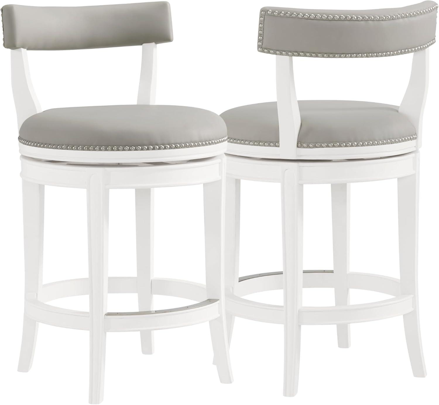 Alaterre Hanover Swivel Bar Height Stool, White and Gray, 30-Inch Seat Height, Solid Rubberwood Frame with Faux Leather Upholstery, Nailhead Trim, Memory Return Swivel, Ideal for Kitchen, Dining Area, Set of 2
