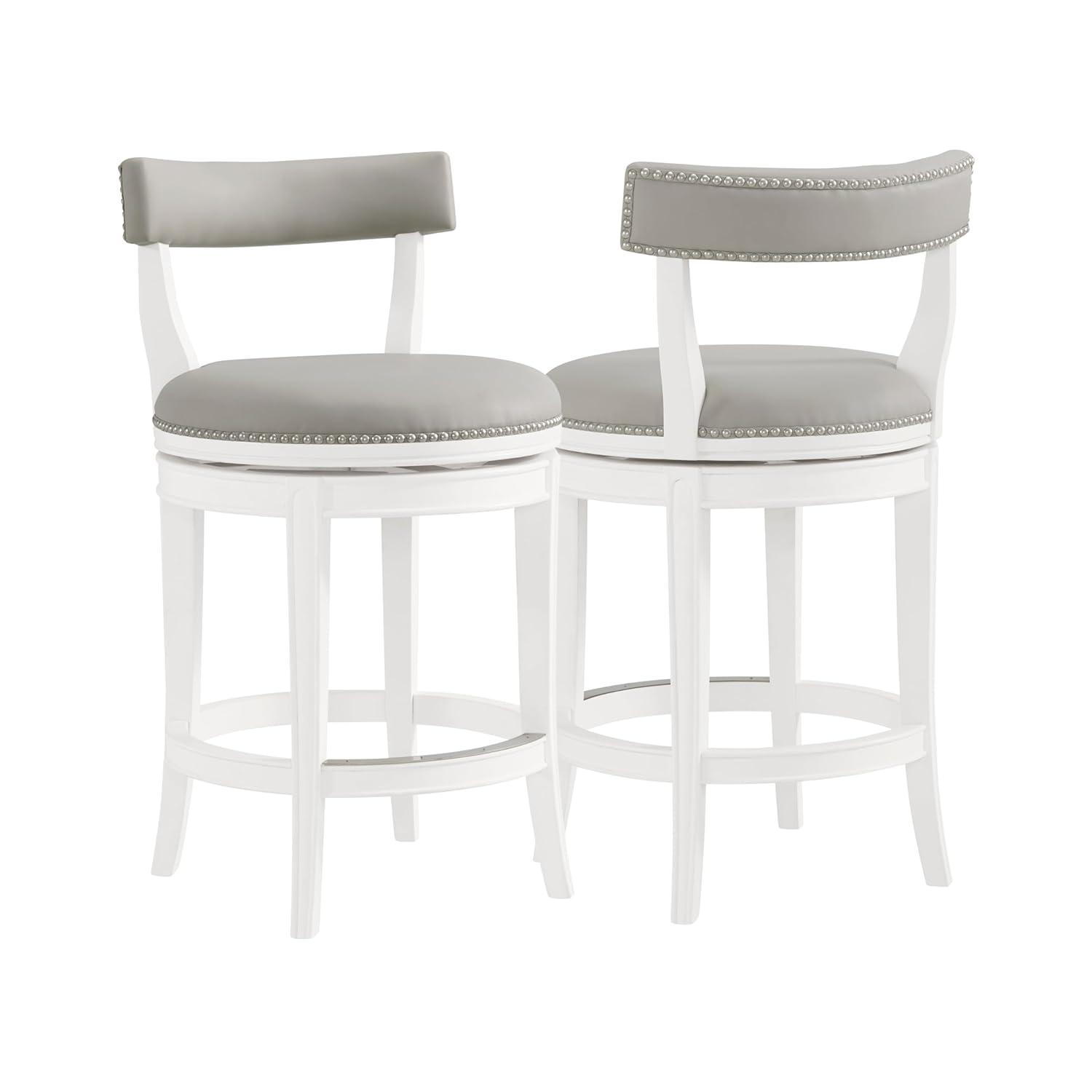 Alaterre Hanover Swivel Bar Height Stool, White and Gray, 30-Inch Seat Height, Solid Rubberwood Frame with Faux Leather Upholstery, Nailhead Trim, Memory Return Swivel, Ideal for Kitchen, Dining Area, Set of 2