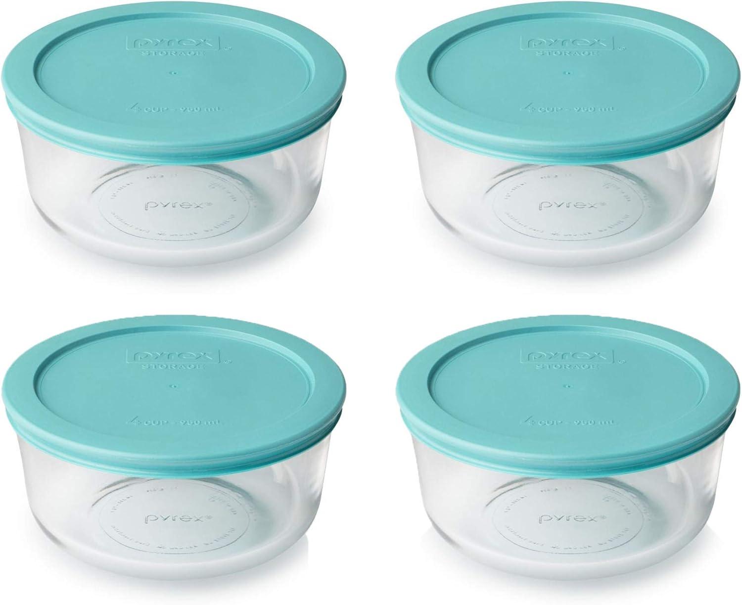 Pyrex 4-Cup Clear Glass Bowls with Turquoise Lids, Set of 4