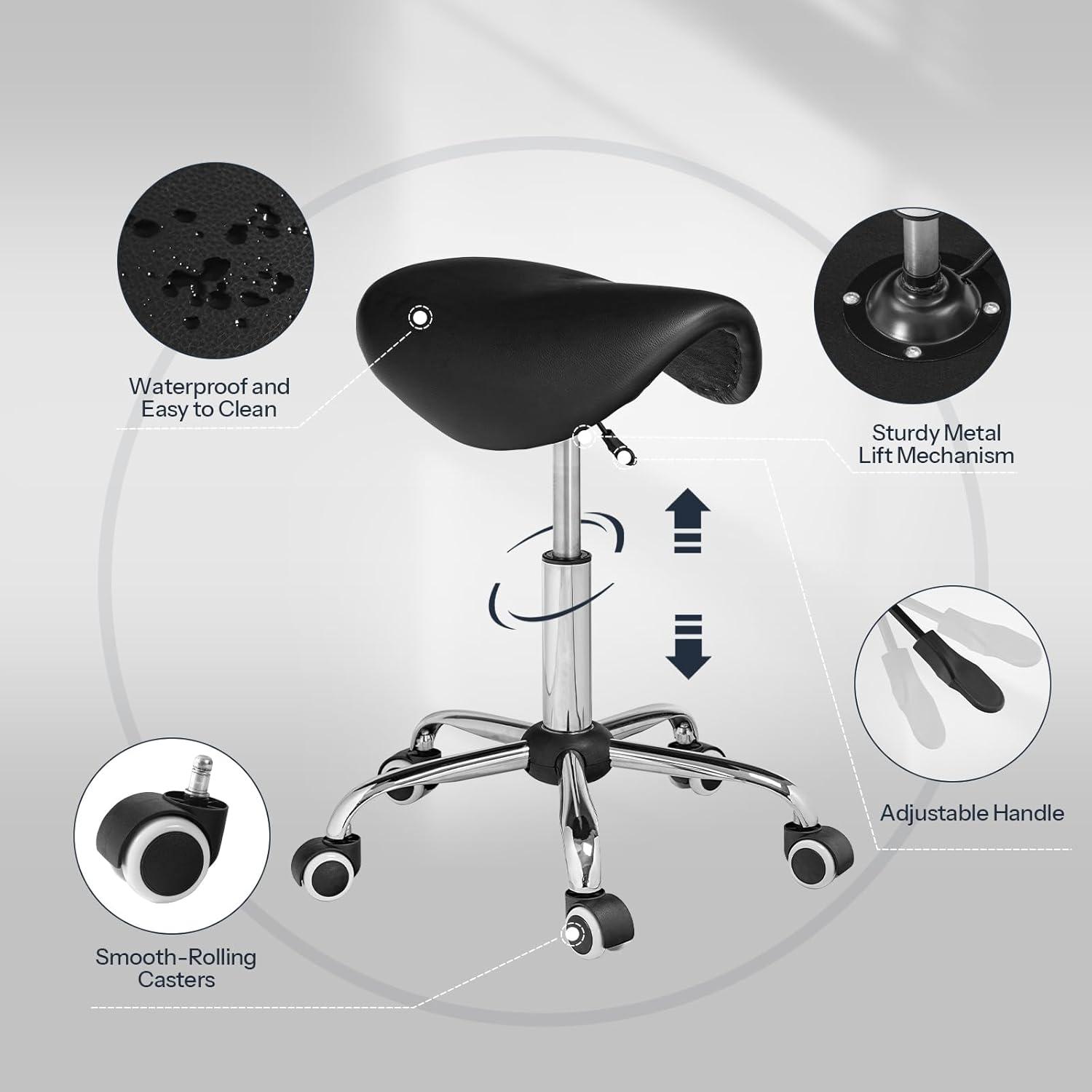 Adjustable Rolling Saddle Stool PU Leather Rolling Stool Salon Chair with Wheels Black