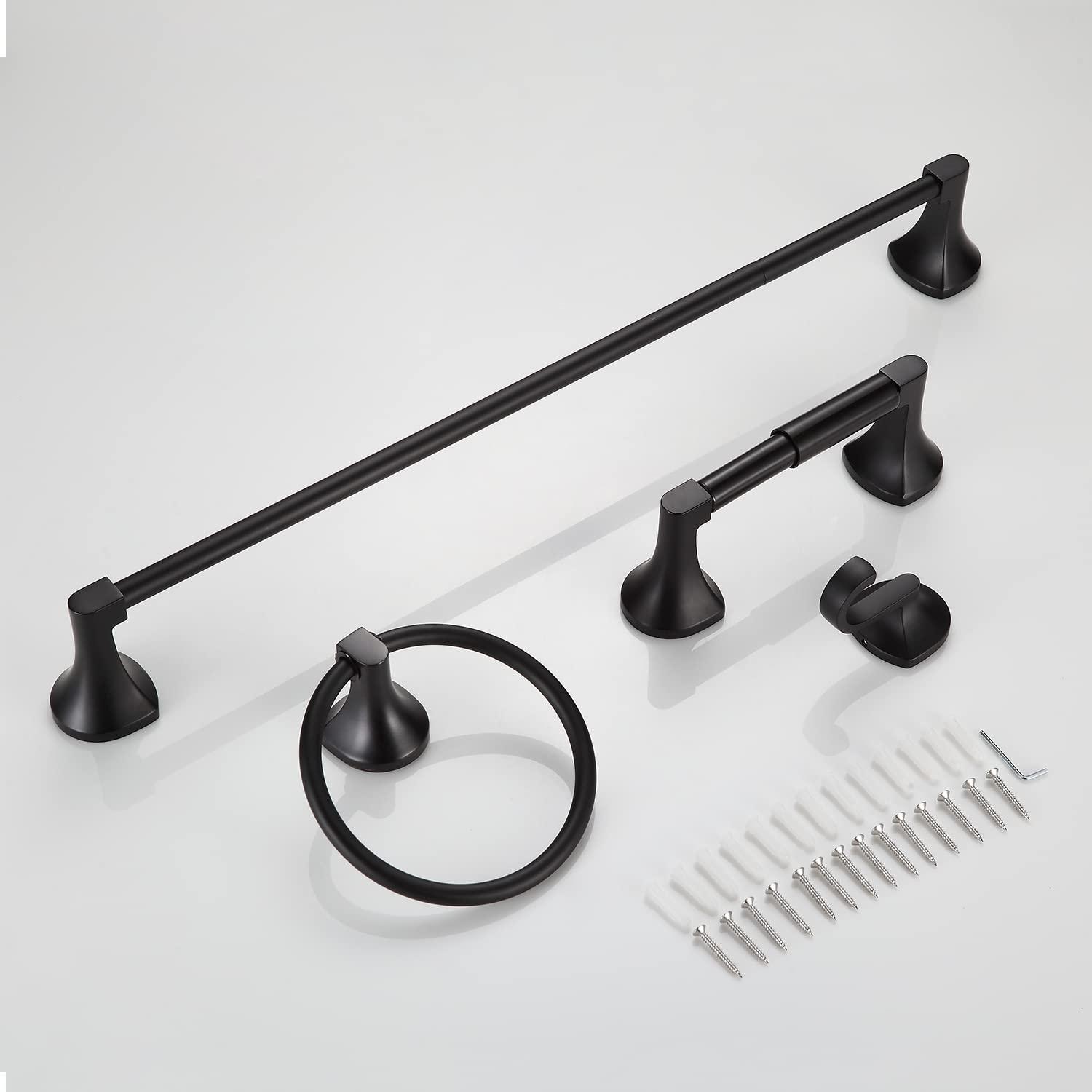 BGL Bathroom Hardware Set Matte Black Adjustable Expandable Towel Bar 4-Piece Bathroom Accessory Set Wall Mounted Robe Hook Toilet Paper Holder Towel Ring Towel Bar
