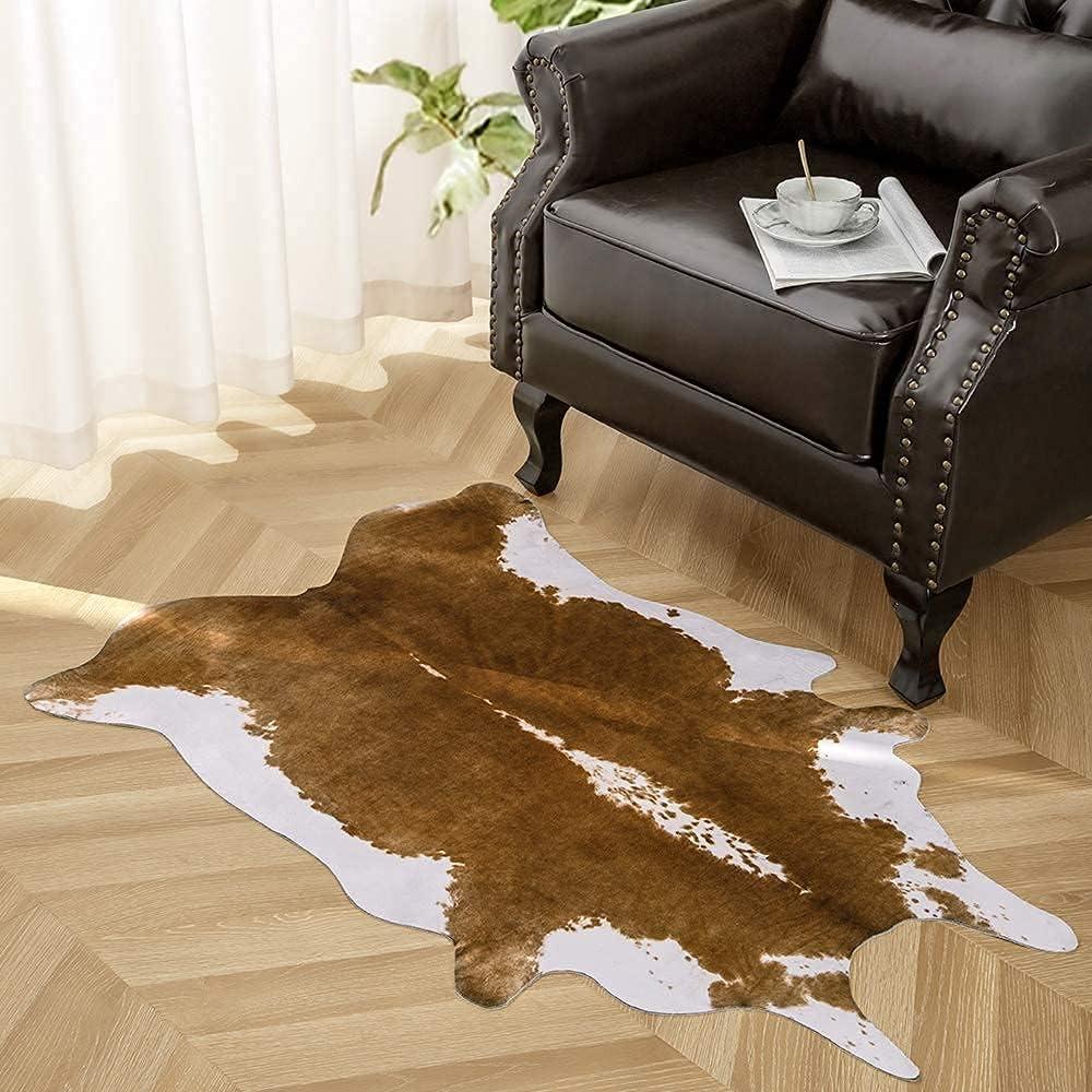 AROGAN Premium Faux Cowhide Rug 110 x70 cm/3.6 x 2.3 feet, Durable and Large Size Cow Print Rugs, Suitable for Bedroom Living Room Western Decor, Faux Fur Animal Cow Hide Carpet, Brown
