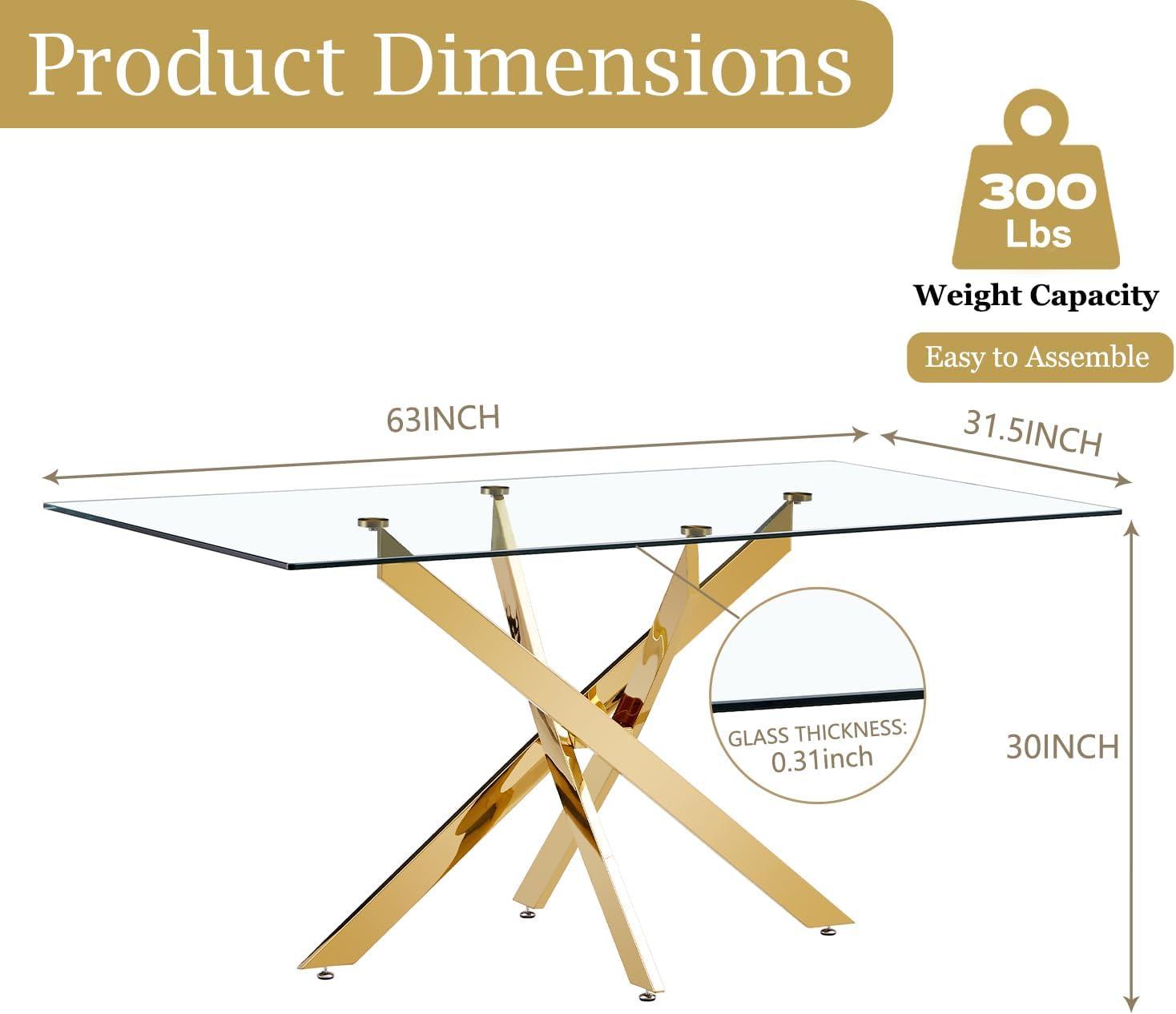 63'' Gold Glass Rectangular Dining Table with Metal Cross Legs