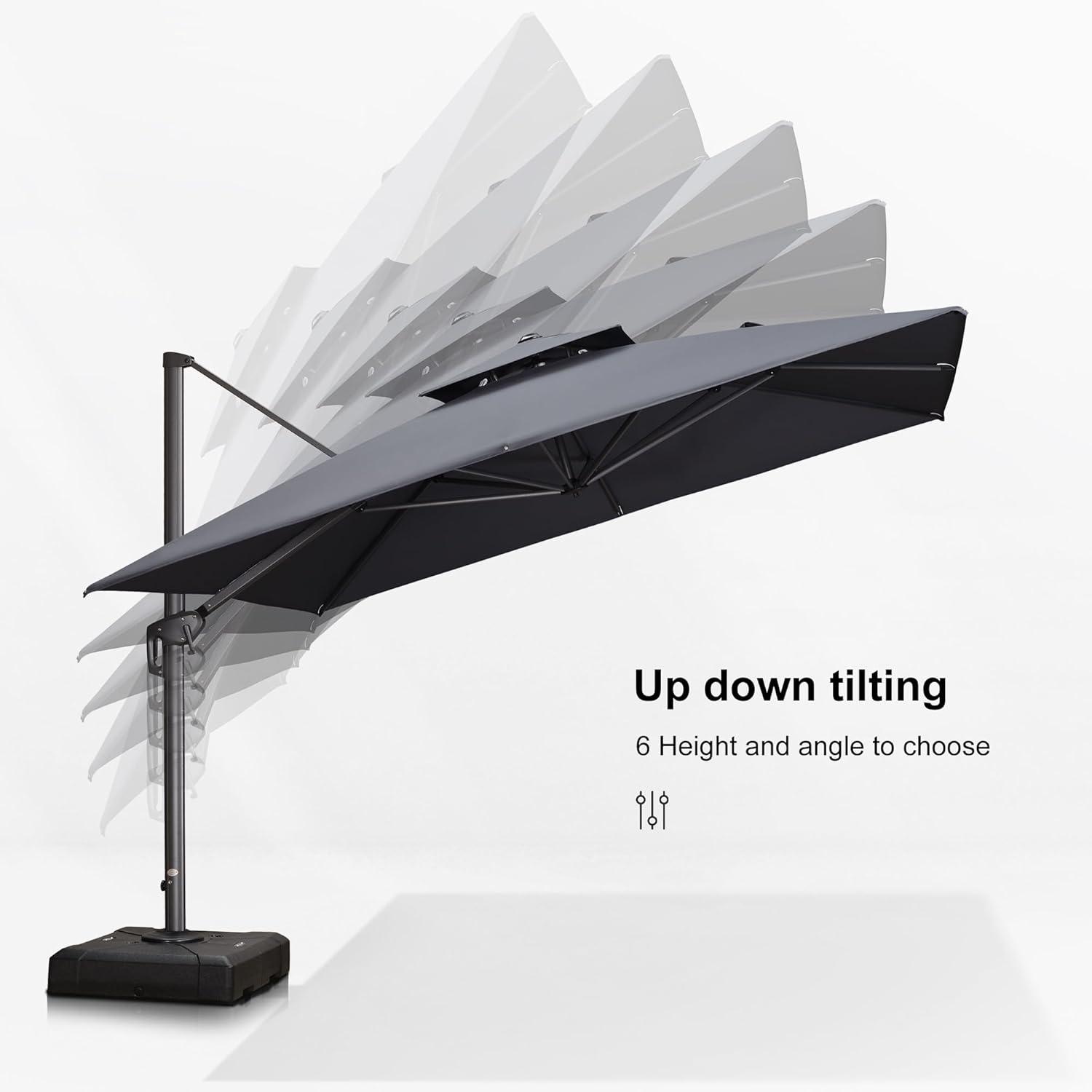 PURPLE LEAF Outdoor Cantilever Umbrellas 12FT Square Large Patio Umbrella Offset Umbrella with 360°Rotation Tilting And Hanging Double Top, Grey