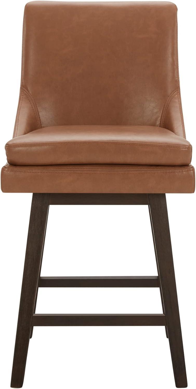 Fiona 26.8 in. Saddle Brown High Back Solid Wood Frame Swivel Counter Height Bar Stool with Faux Leather Seat(Set of 2)