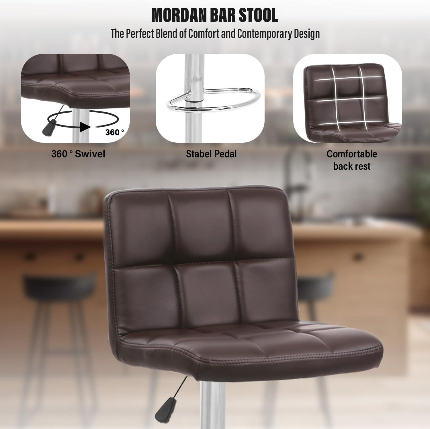 FDW Bar Stool Height Adjustable Swivel Stool with Back PU Leather Kitchen Counter Stools Set of 2 Dining Chairs