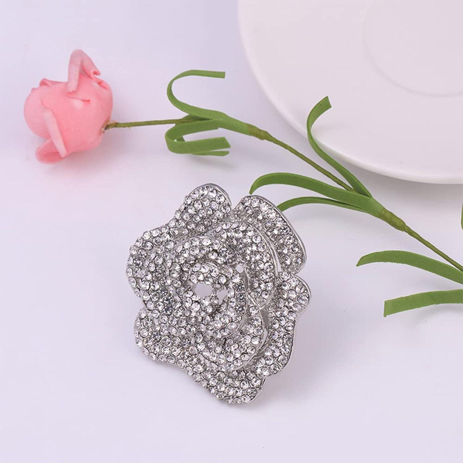 Rhinestone Rose Brooch Pin for Women Girls Fashion Crystal Big Blossom Flower Brooch Lapel Pins Elegant Dress Accessories Jewelry Boutonniere Corsage for Hat Bag Suit Tie Gift Wedding Holiday