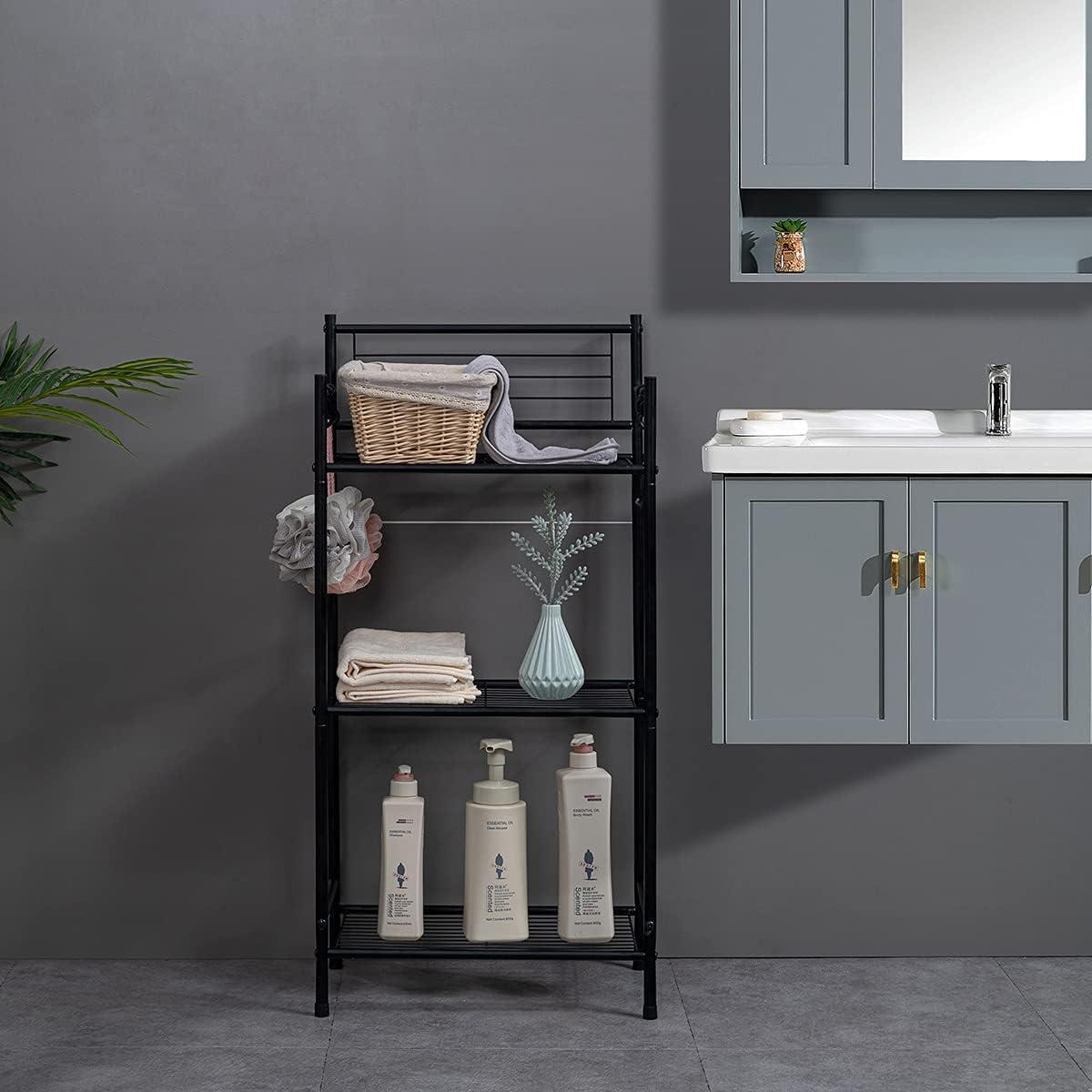 Black 3-Tier Metal Wire Shelving Unit with Hooks