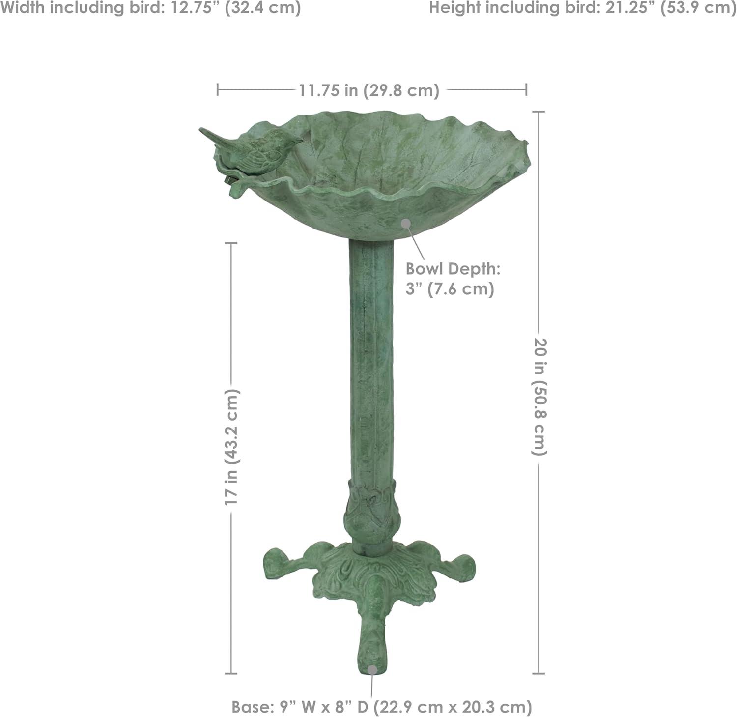 Autumnal Leaf Freestanding Cast Aluminum Outdoor Bird Bath - Green Patina