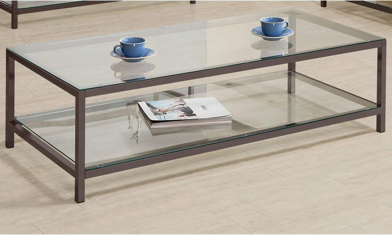 Rectangular Silver Metal and Glass Coffee Table with Shelf