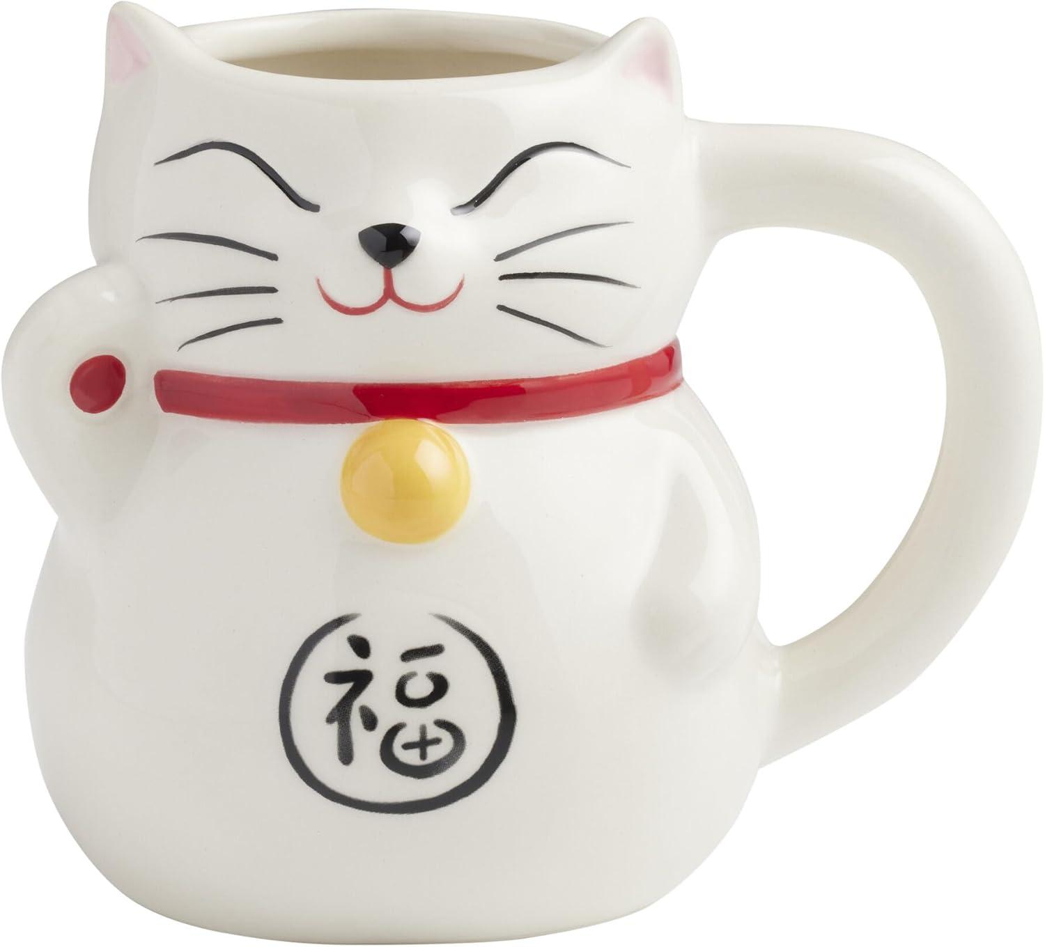 White Ceramic Lucky Cat Mug with Red Collar and Golden Bell