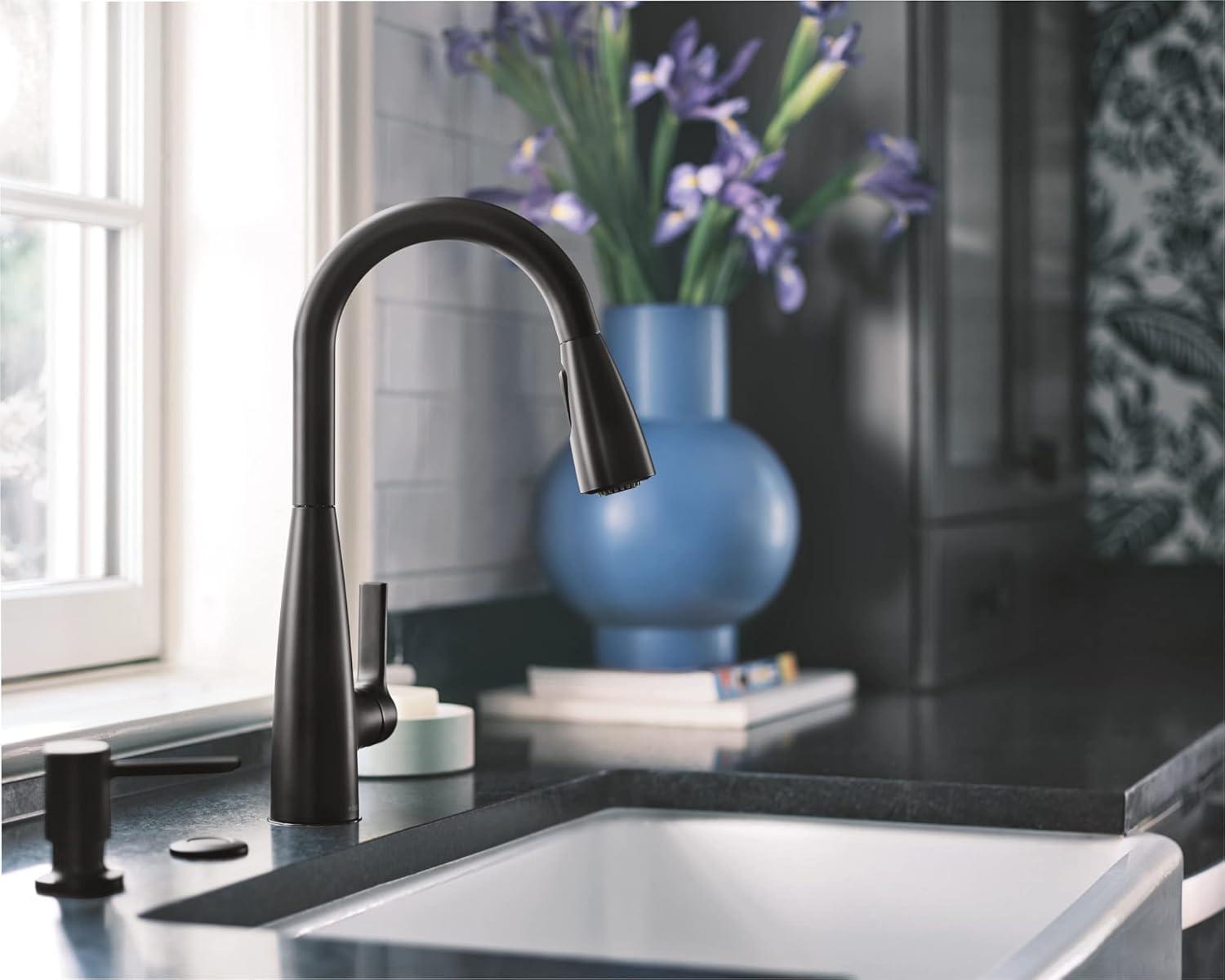 Moen Haelyn Matte Black Single Handle Deck-mount Handle Residential Pull-down Kitchen Faucet with Sprayer ( Deck Plate Included ) (Soap Dispenser Included)