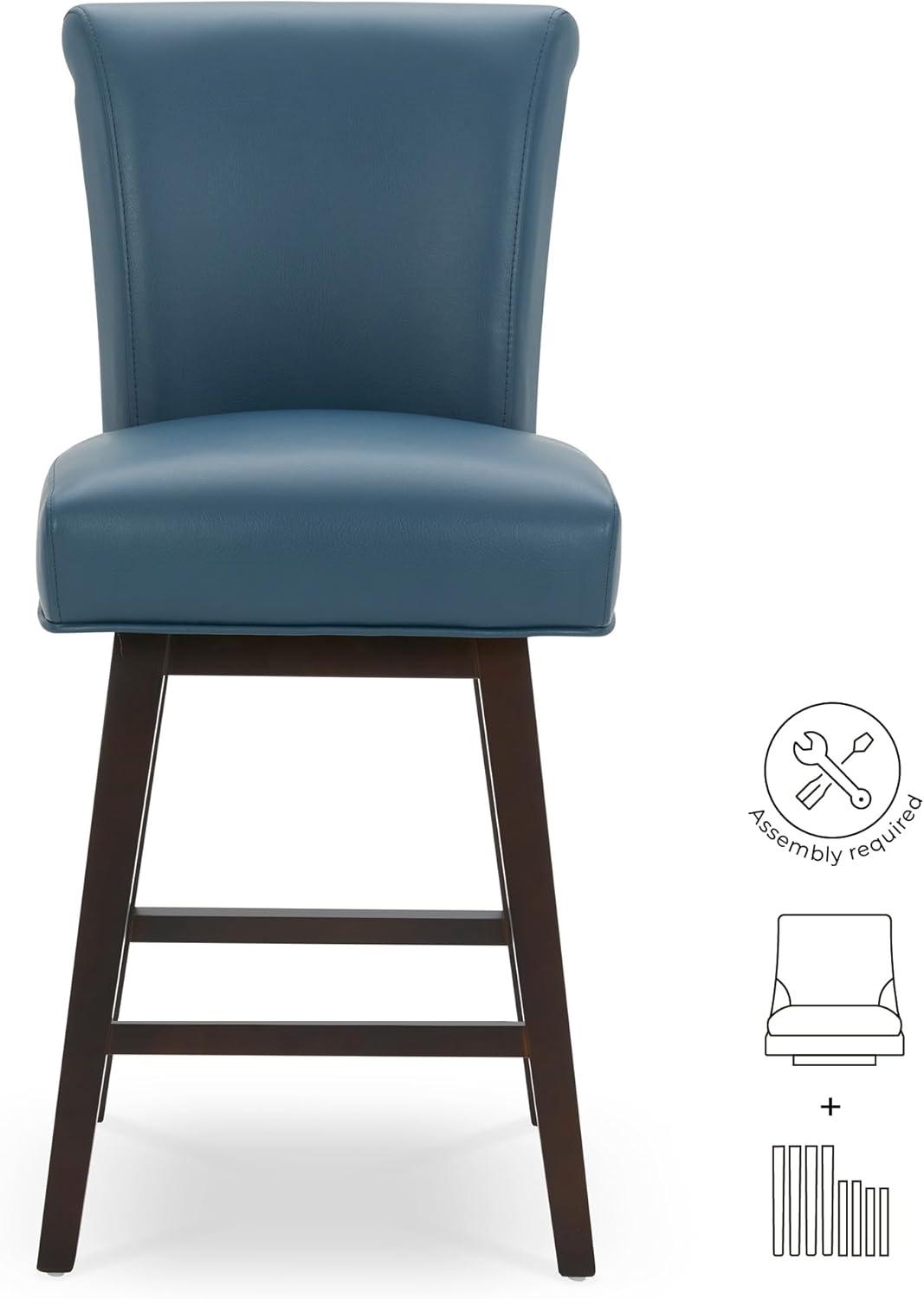 CHITA 26 in Upholstered Swivel Counter Bar Stools with Back&Wood Legs Set of 2, Faux Leather in Dark Blue