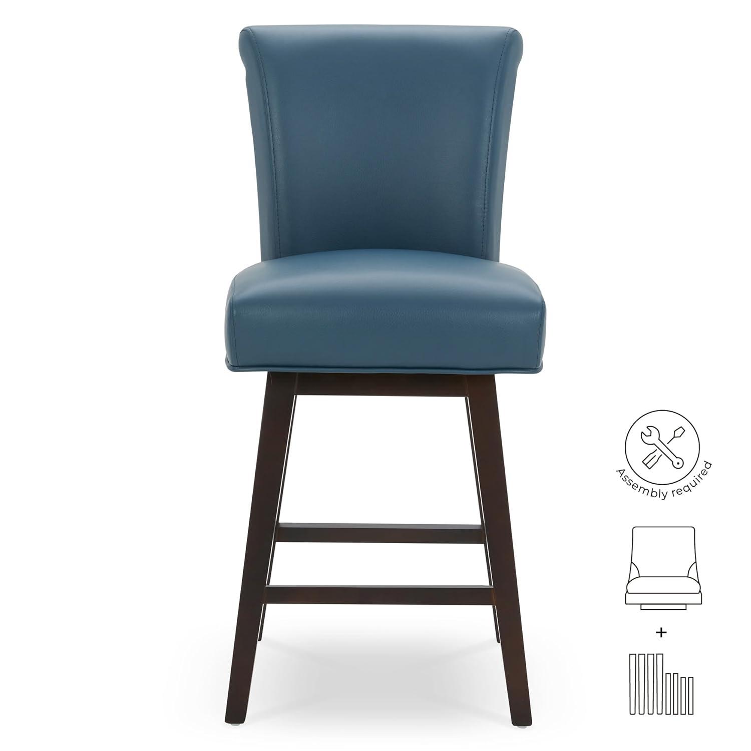 Swivel Bar Stools Set of 2 with Thicker Wood Legs,26" Counter Height Bar Stools,Faux Leather,Blue