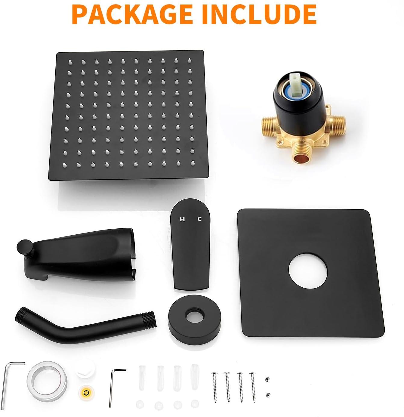 Black Shower Faucet Shower Trim Kit with Mixer Valve 8in Rain Shower Head Combos