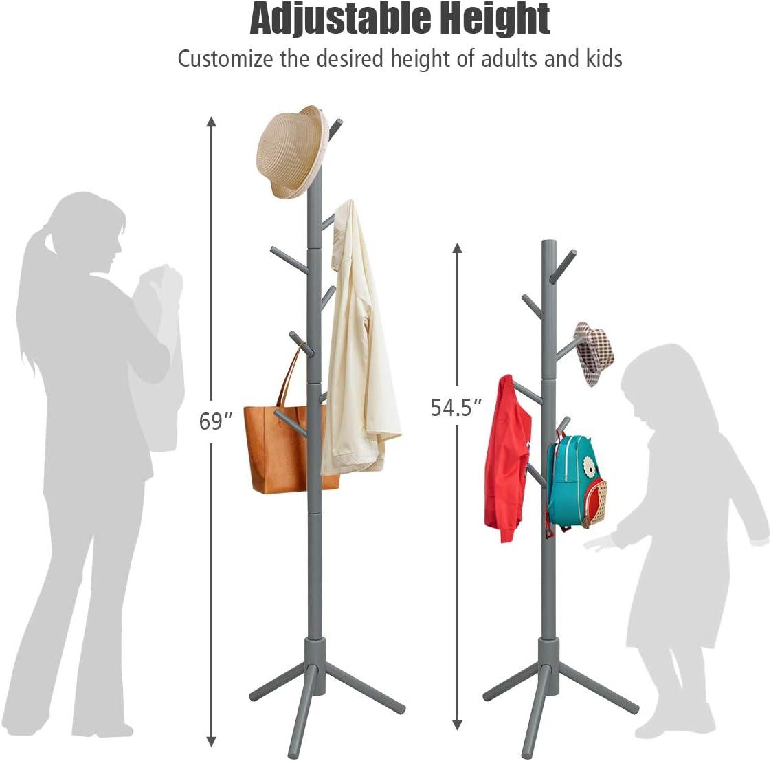 VASAGLE 8 Hooks Solid Wood Coat Rack Free Standing Coat Rack Tree-Shaped Coat Rack with for Clothes Hats Bags for Living Room Bedroom Grey