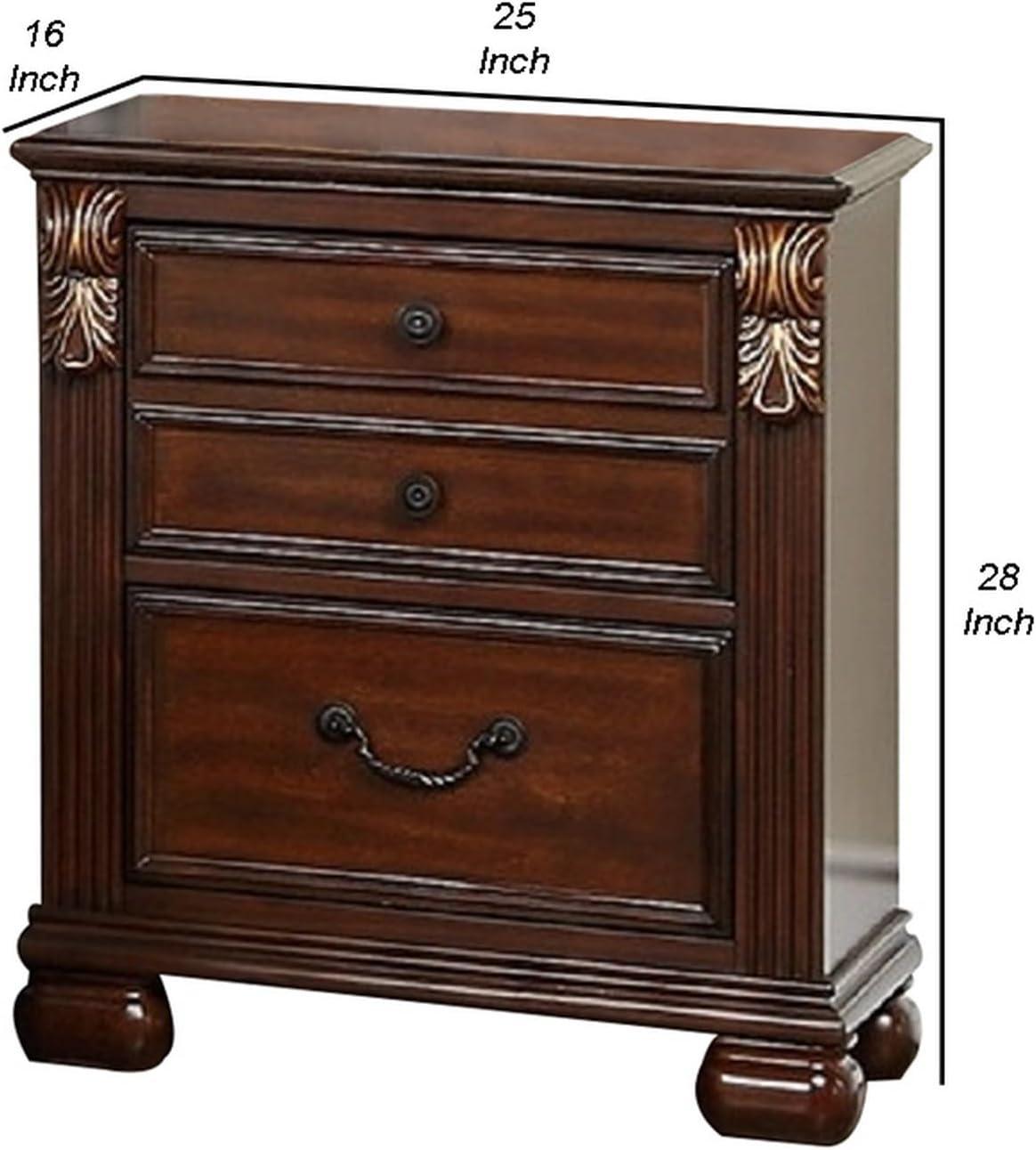 Miri 25 Inch 3 Drawer Nightstand with Brass Accents in Cherry Oak Brown