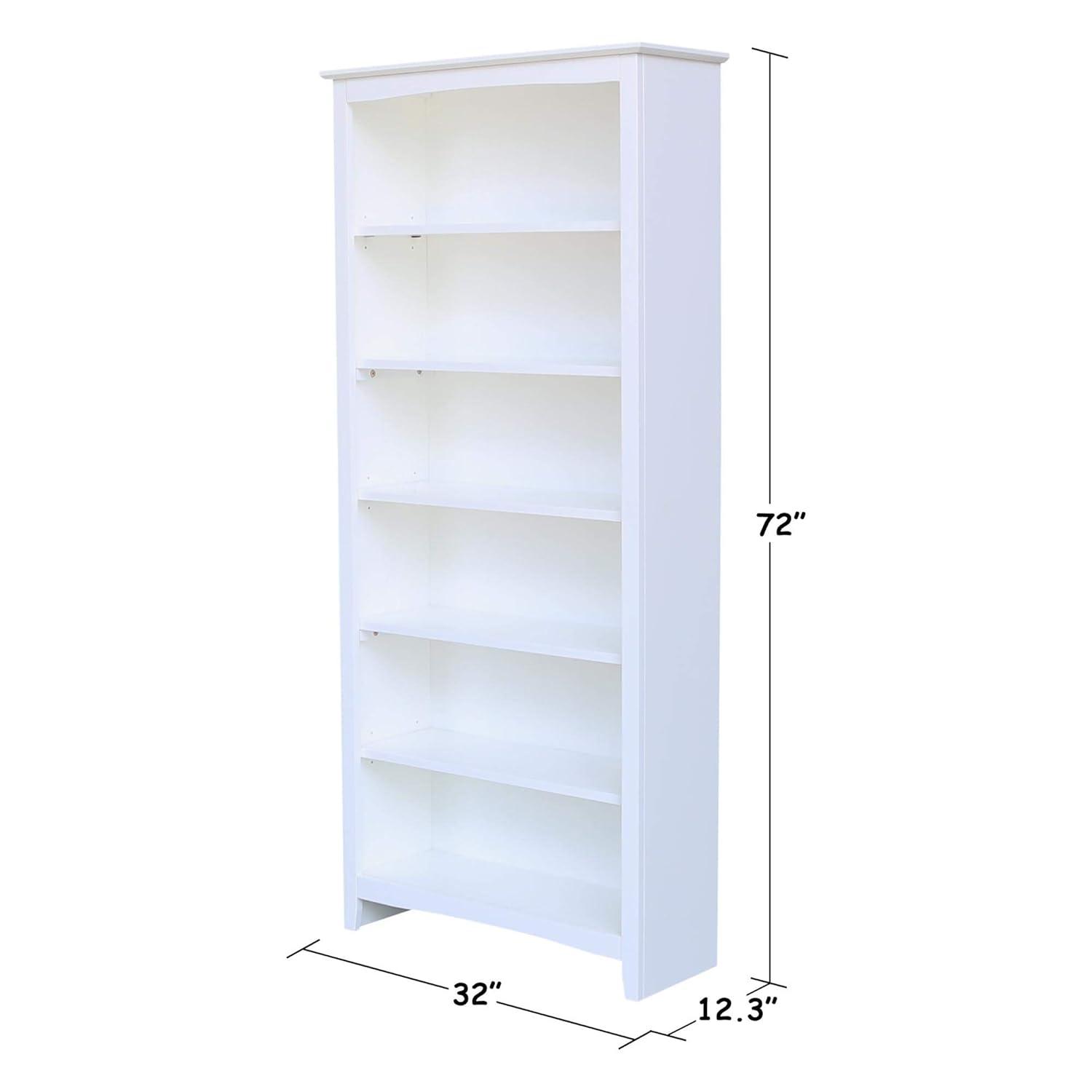 72" Shaker Bookshelf White - International Concepts: Solid Wood, 5 Fixed & Adjustable Shelves