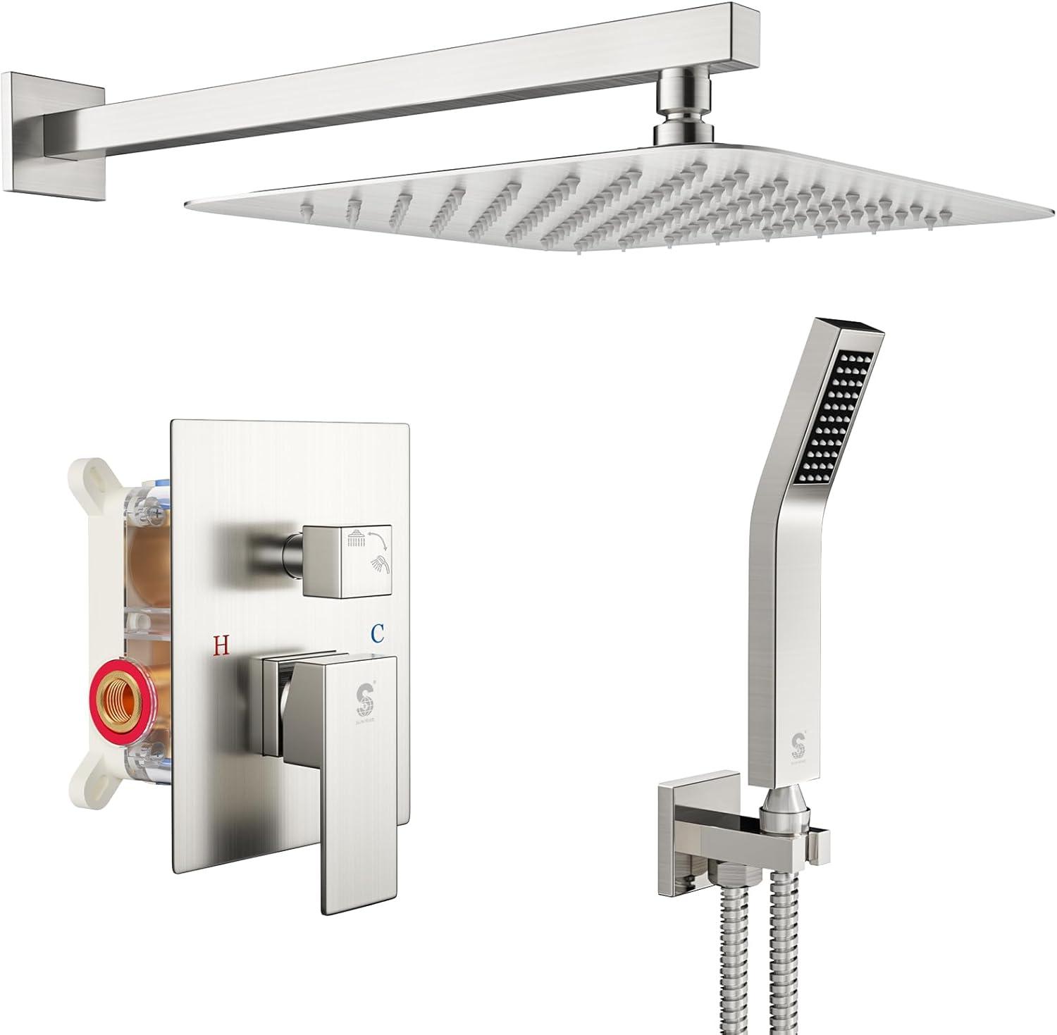 SR SUN RISE 12 Inch Ceiling Mount Brushed Nickel Shower System Bathroom Luxury Rain Mixer Shower Combo Set Ceiling Rainfall Shower Head System Faucet Trim Repair Kits with Rough-in Valve and Trim