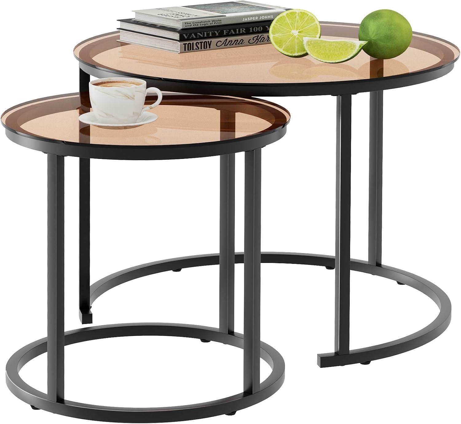 Round Wood Nesting Coffee Table Set with Metal Frame