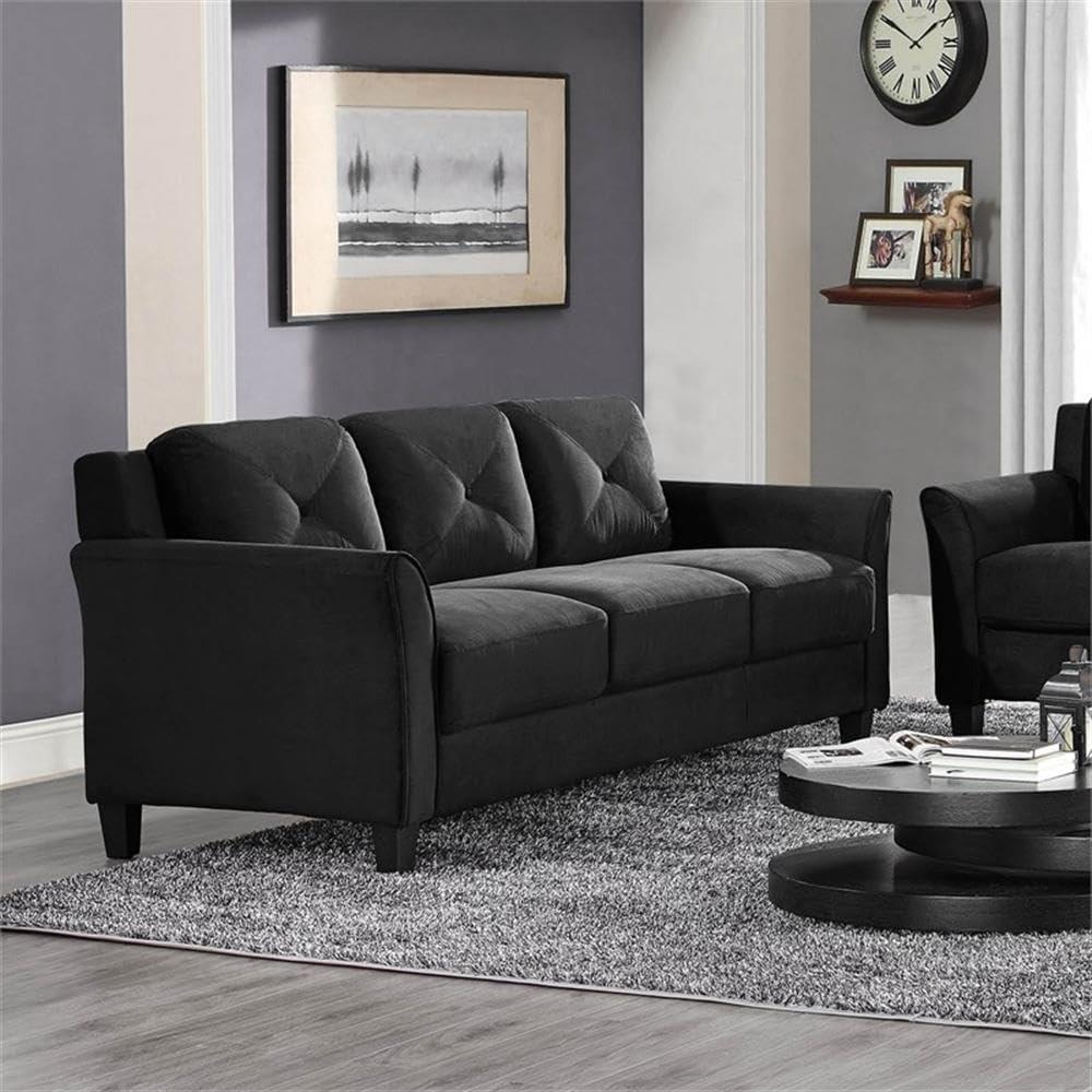 Black Microfiber Transitional Sofa and Loveseat Set with Tufted Cushions