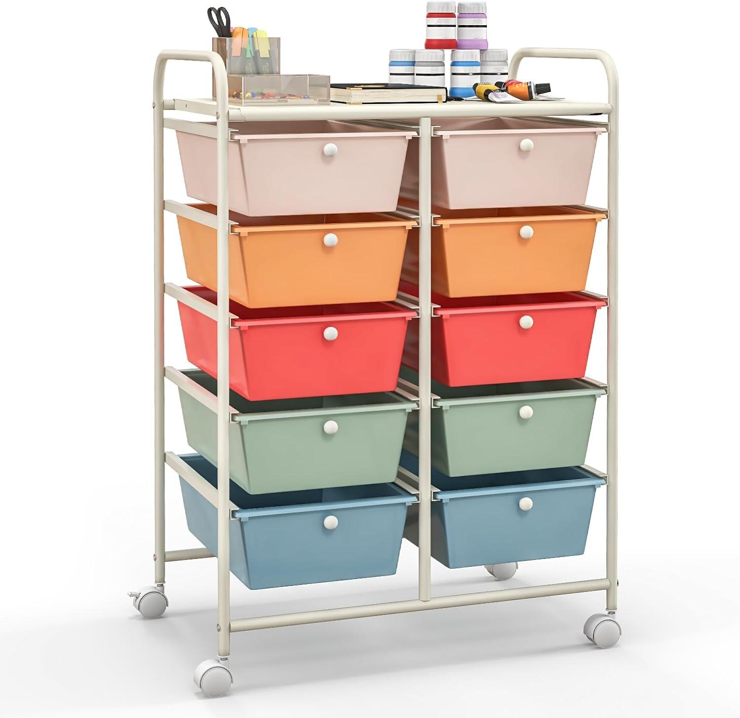 Tangkula 10-Drawer Rolling Storage Cart Tools Scrapbook Paper Organizer on Wheels Macaron