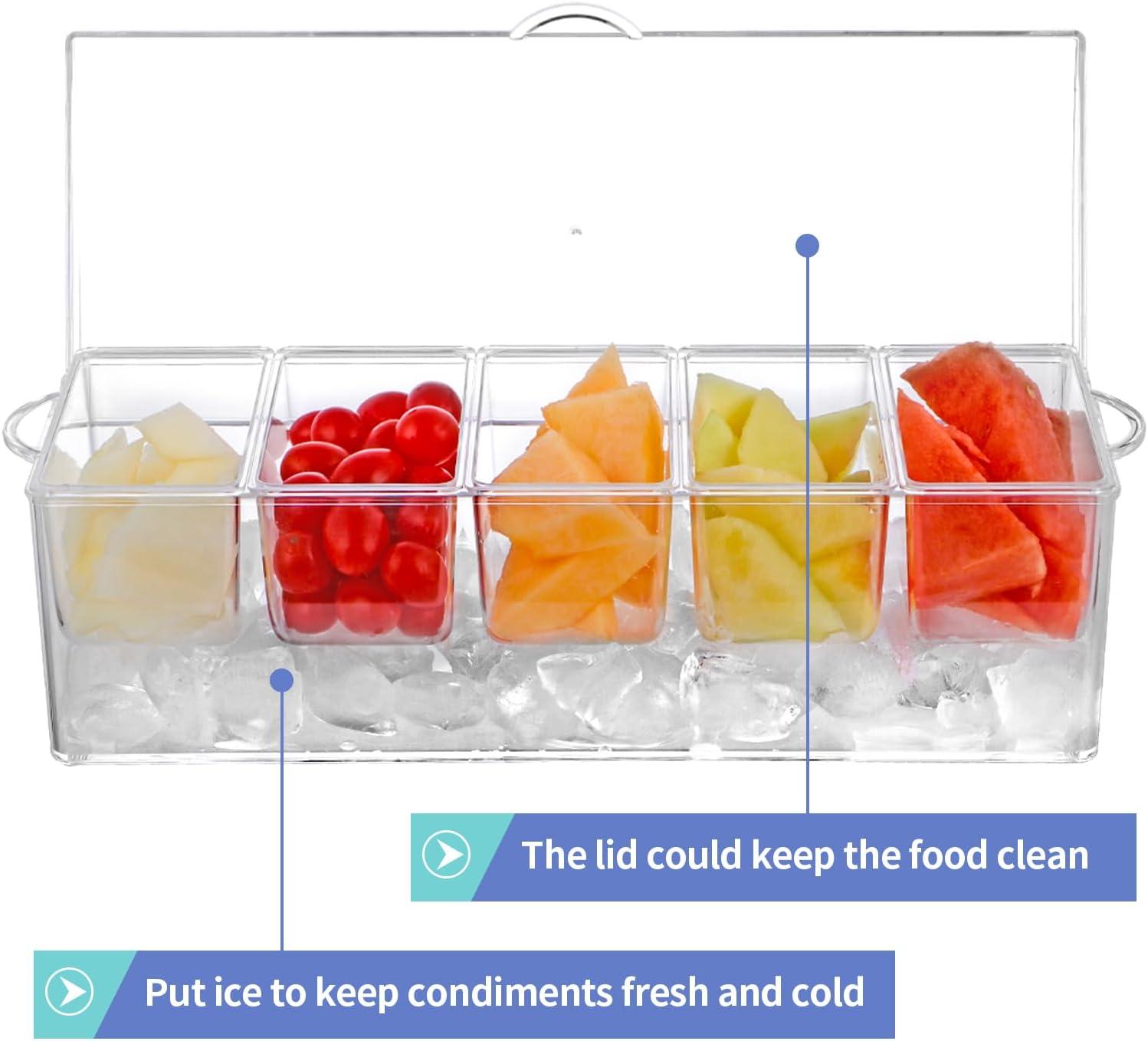 MOLIGOU Chilled Condiment Server with Lid, Chilled Condiment Tray with 5 Removable Compartments, Ice Condiment Serving Containers