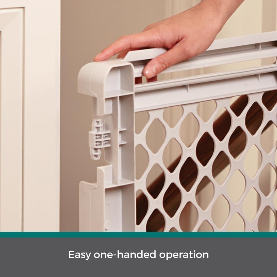 Light Gray Plastic and Metal Swinging Pet Gate for Stairs and Doorways