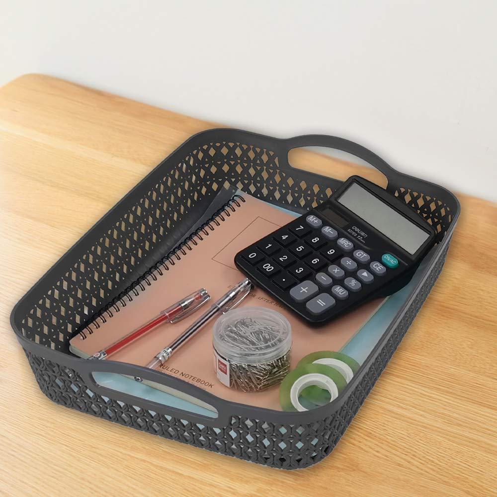 6 Packs Large Plastic Storage Basket Tray with Handle, Shallow Paper Storage Basket, Gray