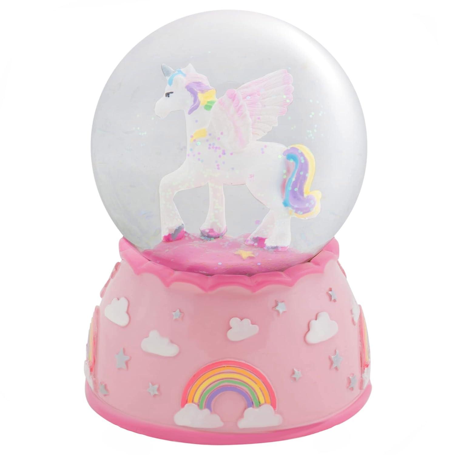 Pink Resin Unicorn and Rainbow Musical Snow Globe