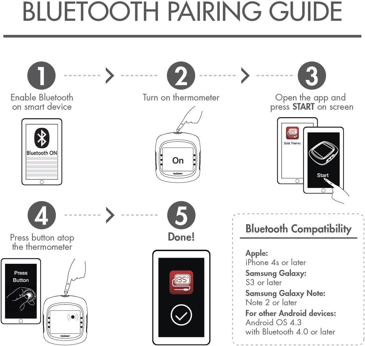 Tenergy Solis Digital Meat Thermometer, APP Controlled Wireless Bluetooth Smart BBQ Thermometer w/ 6 Stainless Steel Probes, Large LCD Display, Carrying Case, Cooking Thermometer for Grill & Smoker