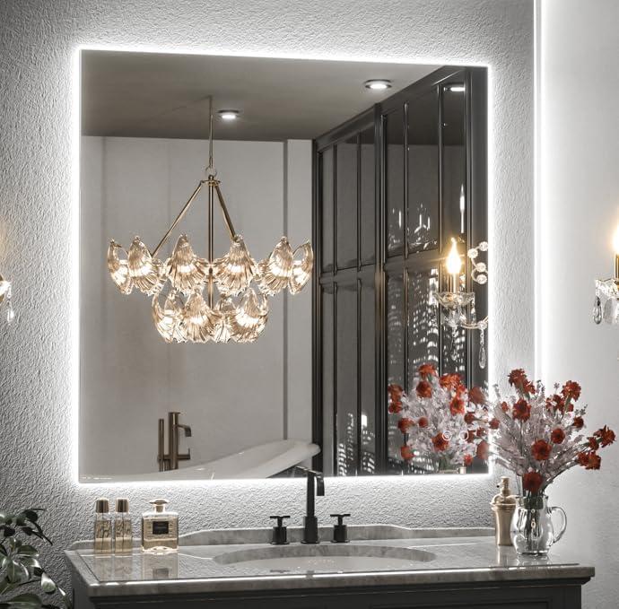 Keonjinn 36"x36" LED Backlit Mirror with Anti-Fog Dimmable Makeup Wall Mounted Mirror with Light, CRI90 IP54 Waterproof for Bathroom(Horizontal/Vertical)