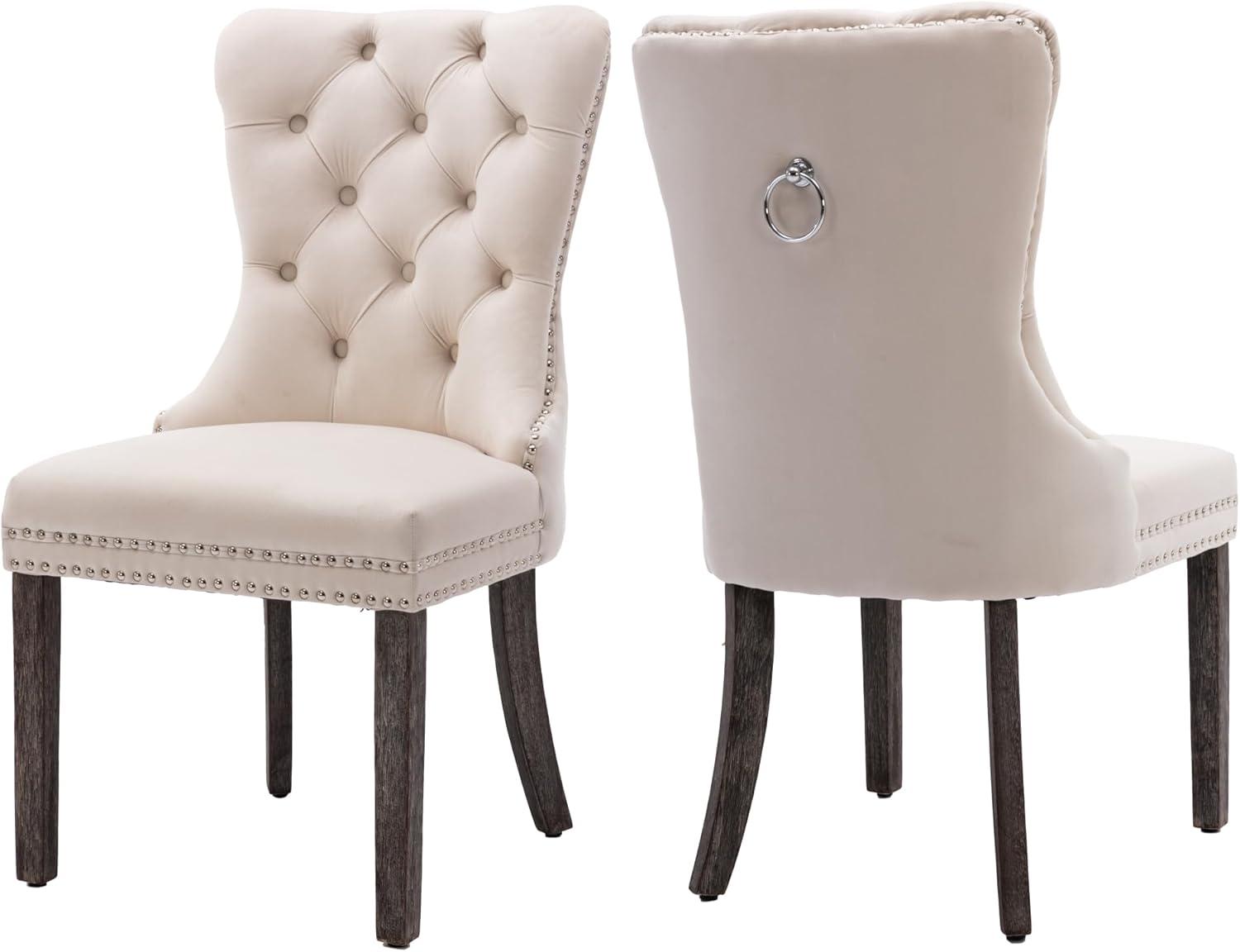 BELLEZE Upholstered Dining Chairs Set of 2, Velvet Luxury Dining Room Chairs with Button Back, Nailhead Trim, Pull-ring, Solid Wood Legs for Kitchen, Living Room, Restaurant - Chandler (Beige)