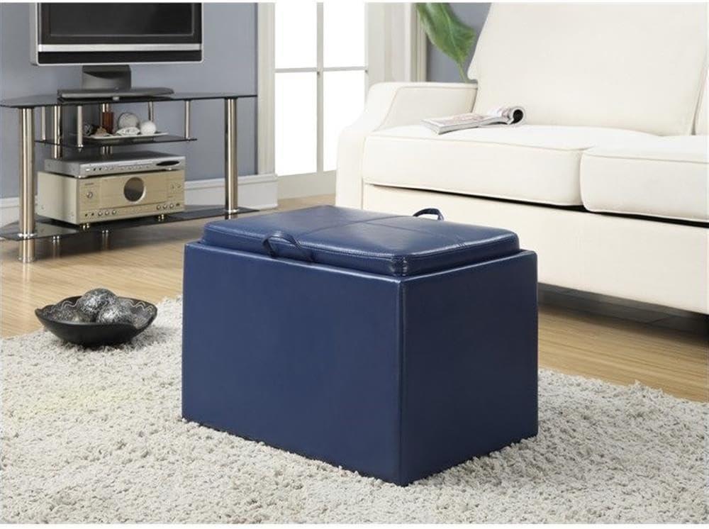 Convenience Concepts Designs4Comfort Accent Storage Ottoman with Reversible Tray, Blue Faux Leather