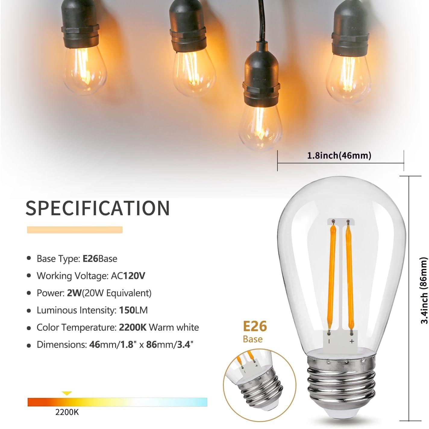 Svater Replacement Bulbs for Outdoor String Lights, 15 Pack S14 LED Bulbs for Patio, E26 Base 1W Bulb Equal to 11W Incandescent, Dimmable,Shatterproof 2700K Warm White